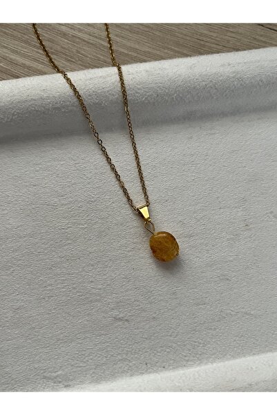 Pel Design Amorf Kehribar Taşı Altın Kaplama Kolye El Yapımı