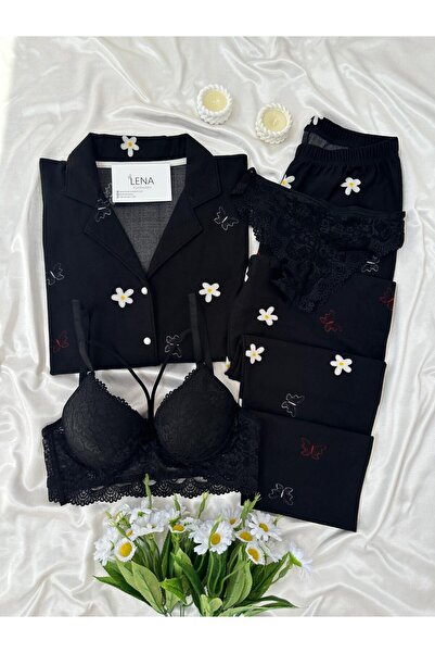 Lena Homewears Σετ πιτζάμες Premium Termosoft με μοτίβο και κουμπιά με γυναικεία εσώρουχα