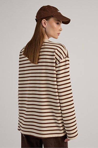 minaaise Γυναικείο φούτερ ριγέ oversized καφέ κρεμ 30010