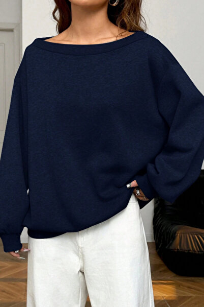 Tarz Cool Γυναικείο φούτερ Navy Blue Boat Neck 3 Threaded Ş επένδυση fleece O oversized