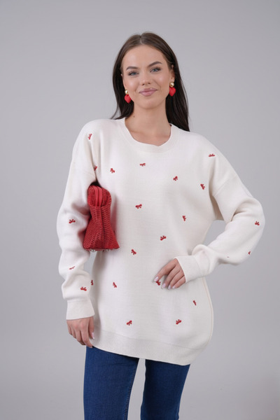 hayal giyim Elegant Bow Embroidered Knit Sweater - White