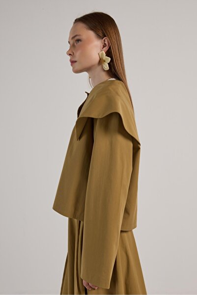 minaaise Kadın Yağ Yeşili Premium Tasarım Kısa Trençkot 30011