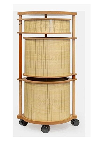 Begin Power Ahşap Yuvarlak Tekerlekli Sebzelik 3 Katlı Yana Açılır Patates So...