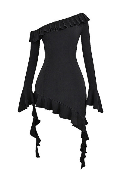 Edela Spanish Sleeve Flared Asymmetrical Black Dress