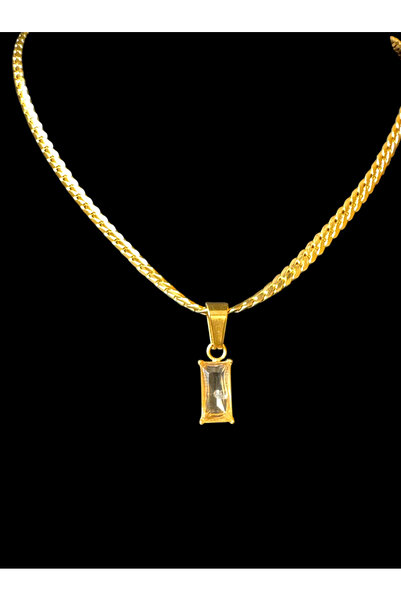 Aleda Steel Gold Baguette Rectangular Stone Necklace