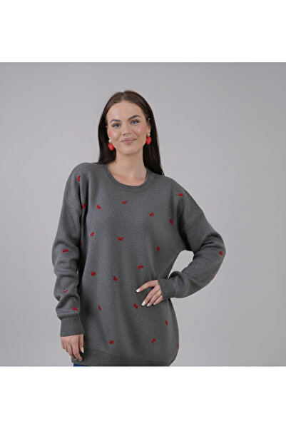 hayal giyim Elegant Bow Embroidered Knit Sweater - Gray