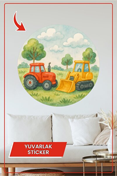 KOSS Dijital Autocolant rotund cu tractor și cupe, decor colorat pentru camera copiilor, cu tematică de mașini de construcții, cu câmp și copaci