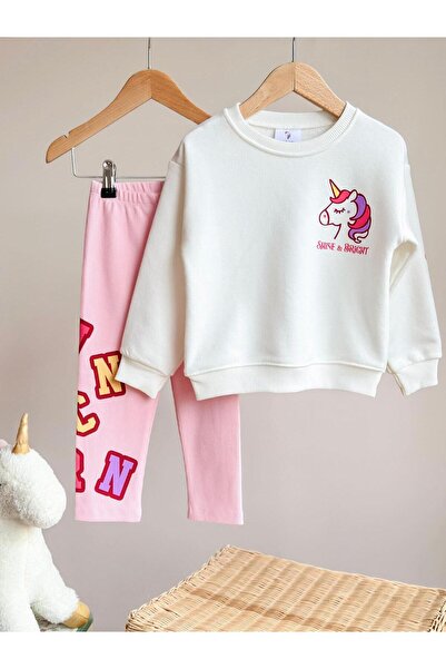 UNICORN Barbosa Sweatshırt Tayt %100 Pamuk Fırçalı (SHİNE&BRİGHT KOL YAZILI) 2'li Kız Çoçuk Takım