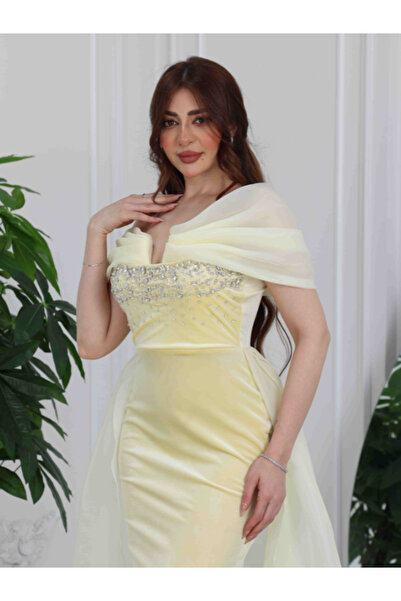 Nice Model Yellow Velvet Off Shoulder Crystal Gown Organza Sleeves Long Formal Evening Luxury Party Dress