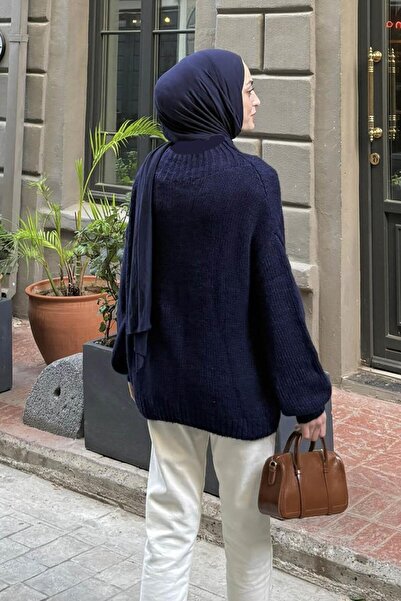 lamelif Πουλόβερ με ψηλό γιακά μπλε ναυτικό