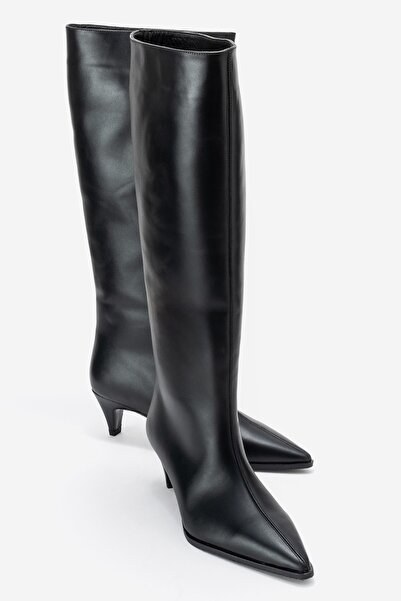 LuviShoes SIORA Siyah Cilt Hakiki Deri Kadın Kısa Topuklu Çizme