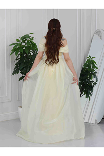 Nice Model Yellow Velvet Off Shoulder Crystal Gown Organza Sleeves Long Formal Evening Luxury Party Dress