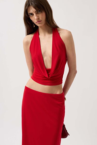 Maxi modena Crop Red Blouse with Peplum Collar