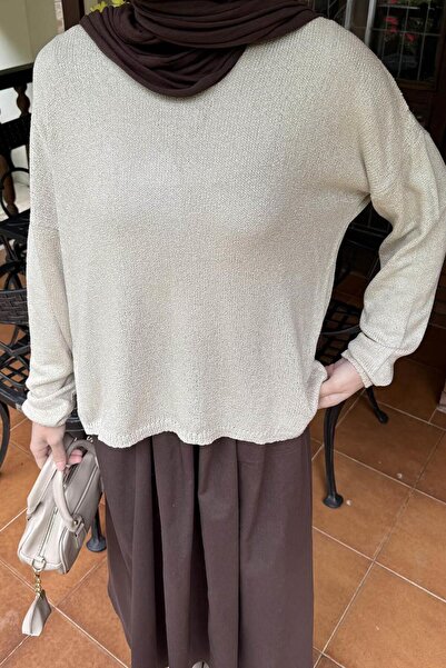 lamelif Πλεκτό πουλόβερ με λαιμόκοψη καγιάκ μπεζ