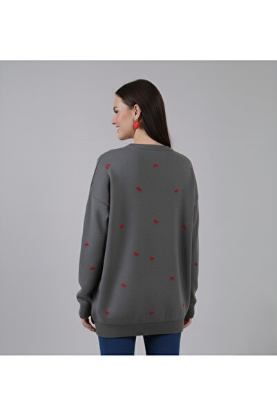 hayal giyim Elegant Bow Embroidered Knit Sweater - Gray