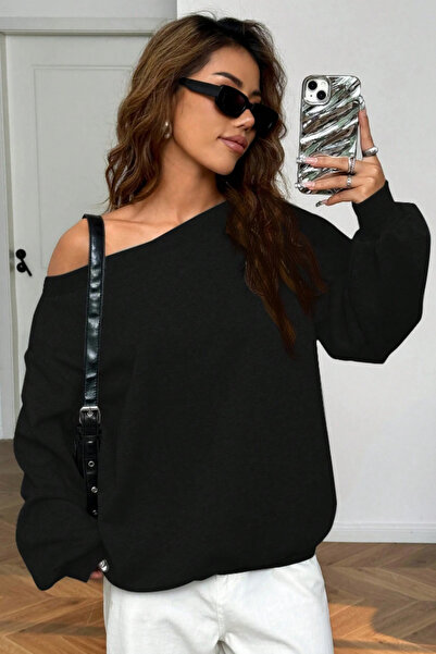 Tarz Cool Γυναικείο φούτερ με λαιμόκοψη μαύρο 3-κλωνό επένδυση fleece O oversized