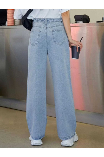 mooishan Blue Wide Leg Women's Trousers Women's Lycra Snow Wash Palazzo Jean-3
