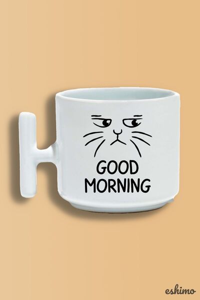Eshimo Good Morning Written Porcelain Mug with Cat Figure and Handle