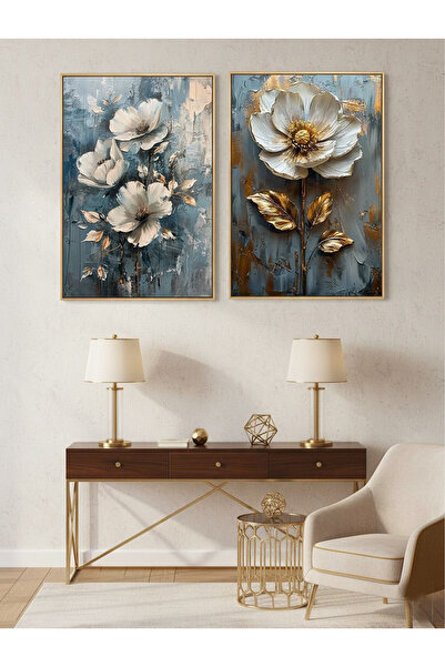 Linacci 2li Gold Metal Çerçeve Mavi Çiçek Camlı Tablo Seti
