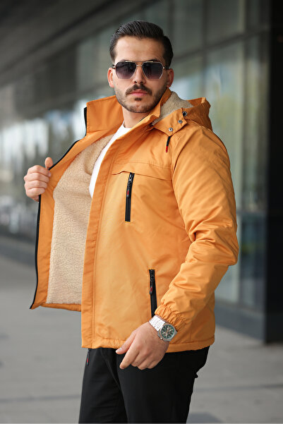 FASİON Men's Fur-Lined Thick Coat with Detachable Hood, Waterproof and Windproof