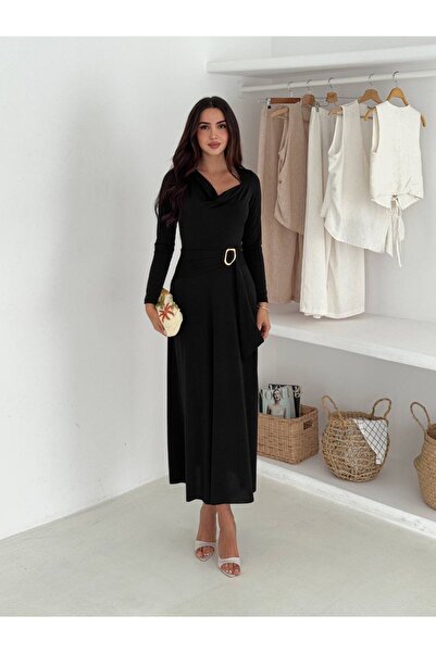 nurze Degaje Yaka Uzun Kollu Drapeli Elbise