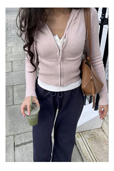 Köstebek Hooded Elastic Knit Waist Crop Cardigan