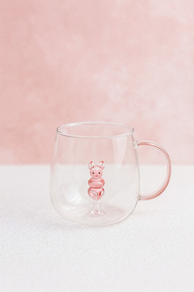 PERLAEVKAHVE Rabbit Figured Glass Mug 350 ml – Transparent Pink Handle, Heat Resistant Stylish Design