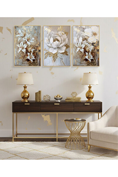 Linacci Üçlü Gold Metal Çerçeve Gümüş Çiçek Poster Cam Tablo Seti
