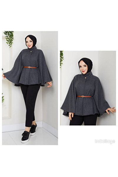 Moda New Face New Season Women's Button Detailed Belted Cashmere Poncho