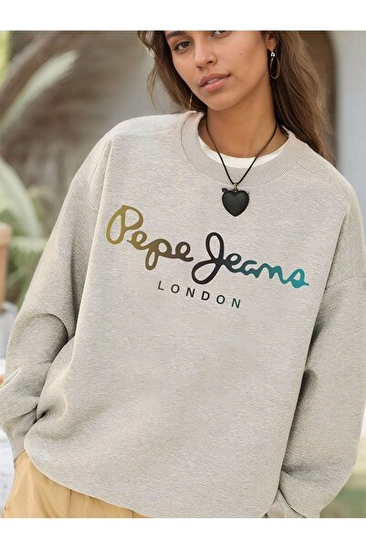 PALPİTO Γυναικείο φούτερ με στάμπα Pepe London σε γκρι μελανζέ με λαιμόκοψη oversize