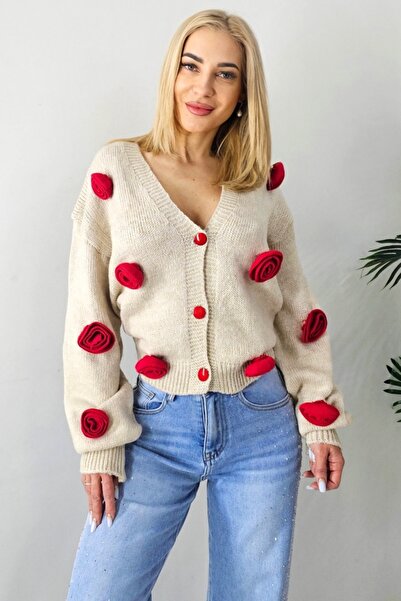 FashionForYou Rowan women's cardigan, with buttons and red knitted roses, Beige, Size S/M/L