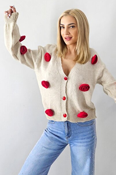 FashionForYou Rowan women's cardigan, with buttons and red knitted roses, Beige, Size S/M/L