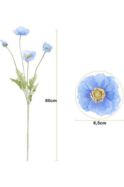 Nettenevime Yapay Çiçek Gelincik Çiçeği Mavi Açık Renk 3 Çiçek 1 Tomurcuk 59Cm