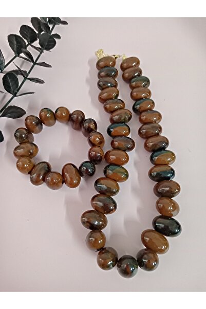 mos&more Brown Ellipse Beaded Necklace Bracelet Set