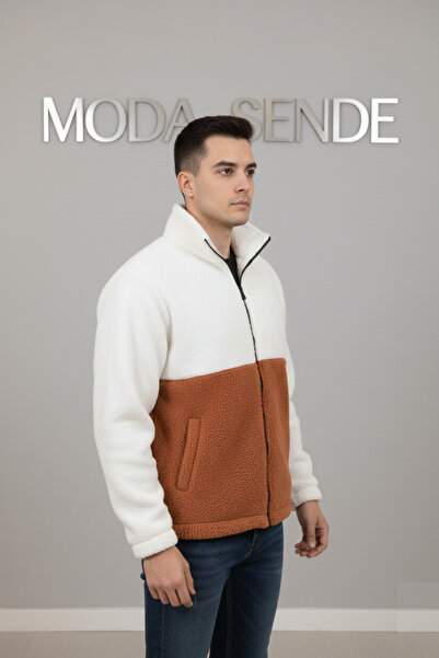 No Plan Men's Regular Fit Color Block Zip-Up Plush Jacket - White/Cinnamon