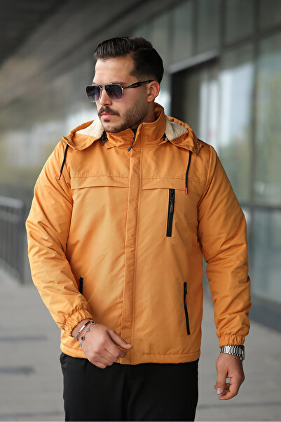 FASİON Men's Fur-Lined Thick Coat with Detachable Hood, Waterproof and Windproof