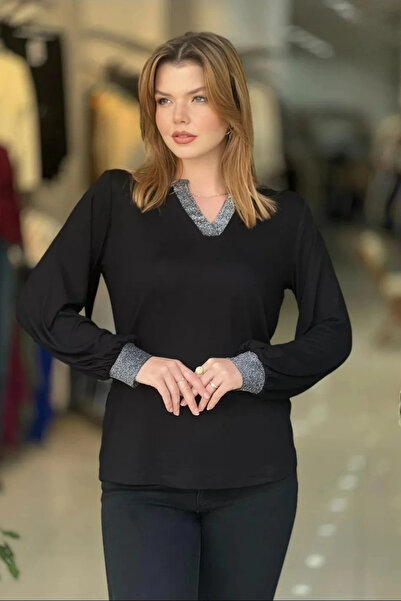 aytemas Glittery Blouse with Collar and Sleeves