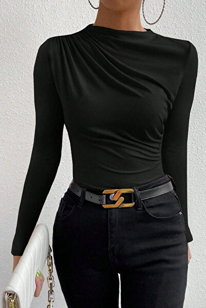 Imoda Women's Black Long Sleeve Blouse with Drawstring Detail at Waist and Neck