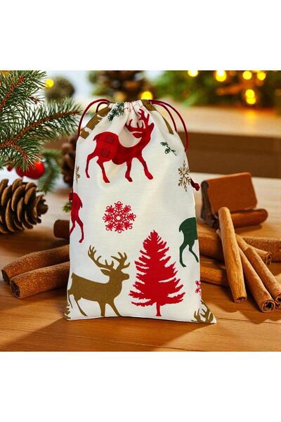 Poros Store Hediye Paketi 20x30cm Yılbaşı Geyik Desenli Hediye Kesesi Kumaş