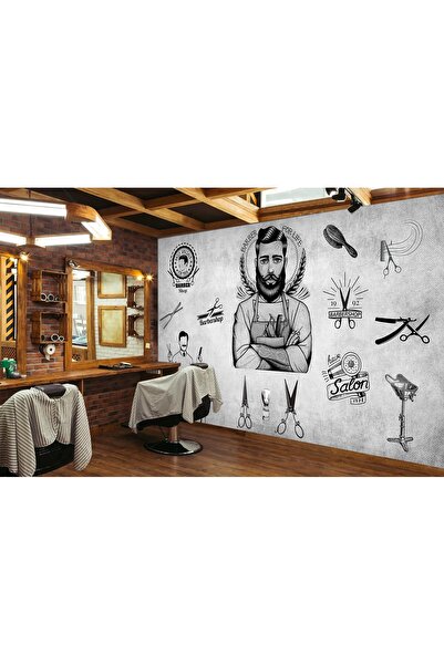 poster marketi Gri Tonlu Berbershop Duvar Kağıdı - Erkek Kuaför Salonu Dekora...