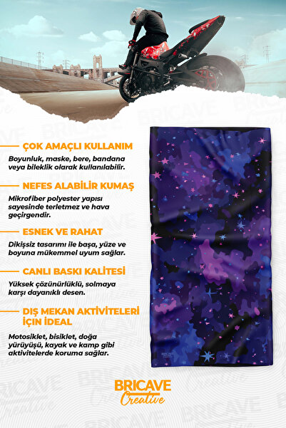 Bricave Mor Uzay ve Yıldız Desenli Motosiklet Bandana Boyunluk Maske