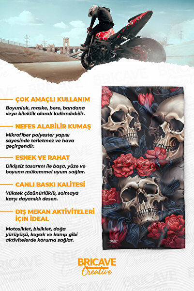 Bricave Kuru Kafalı Çiçek Desenli Motosiklet Bandana Boyunluk Maske