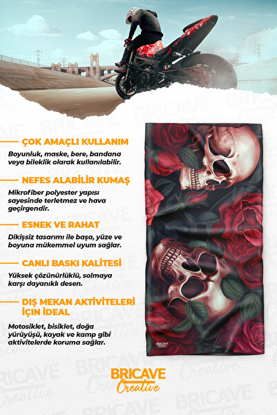 Bricave Gül ve Kuru Kafa Tasarımlı Motosiklet Bandana Boyunluk Maske