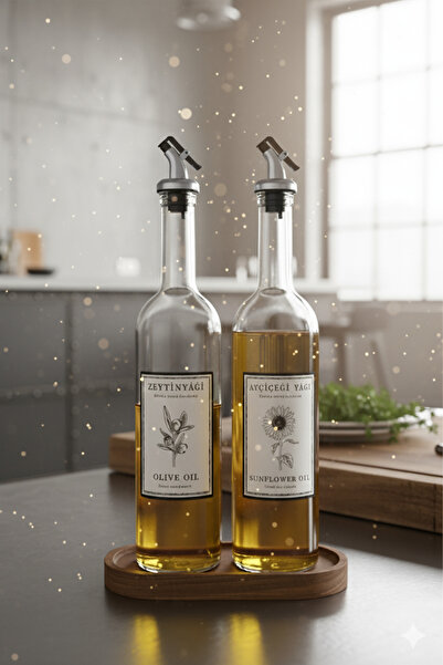 EA Home Concept طقم وعاء زيت زيتون وزيت عباد الشمس زجاجي أنيق مع حامل خشبي (ق...