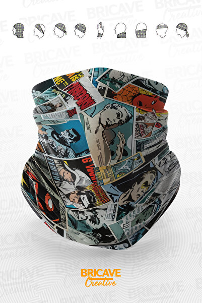 Bricave Vintage Çizgi Roman Kolaj Desenli Motosiklet Bandana Boyunluk Maske