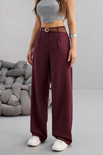 BİKELİFE Women's High Waist Belt Detailed Elastic Waist Loose Palazzo Fabric Trousers