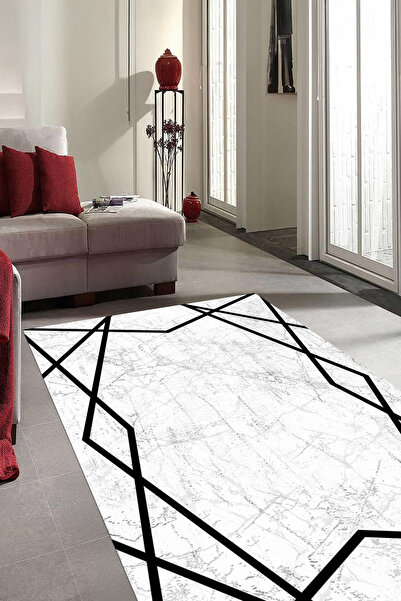 Marble Runner Hall Carpet with Digital Printed Washable and Non-Slip Base Edge Line Motif
