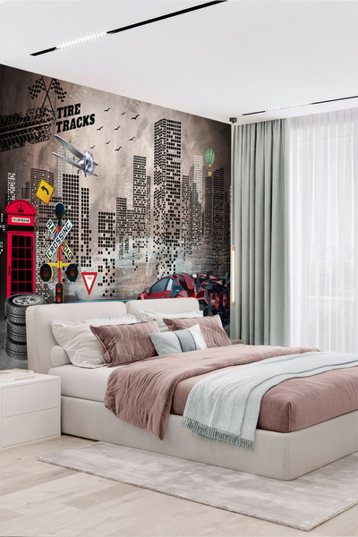 poster marketi Arabalı ve Uçaklı Şehir Manzaralı Çocuk Odası Duvar Kağıdı