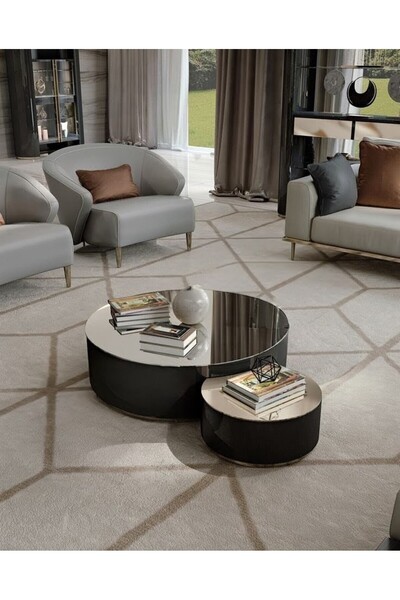 LUXURY VİLLA LUXURY SİYAH SUNİ DERİ GÜMÜŞ AYNALI TEKERLEKLİ ORTA SEHPA 80X80 YÜK 33CM 50X50 YÜK 28CM