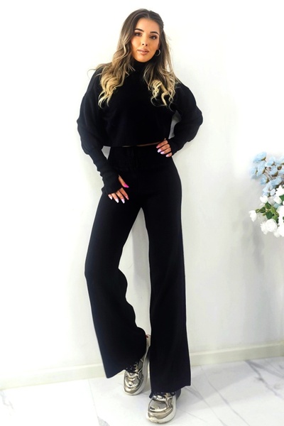 FashionForYou Πλεκτό σετ δύο τεμαχίων COMFY, με μεγάλη μπλούζα και ψηλό γιακά, Μαύρο, Μέγεθος S/M/L